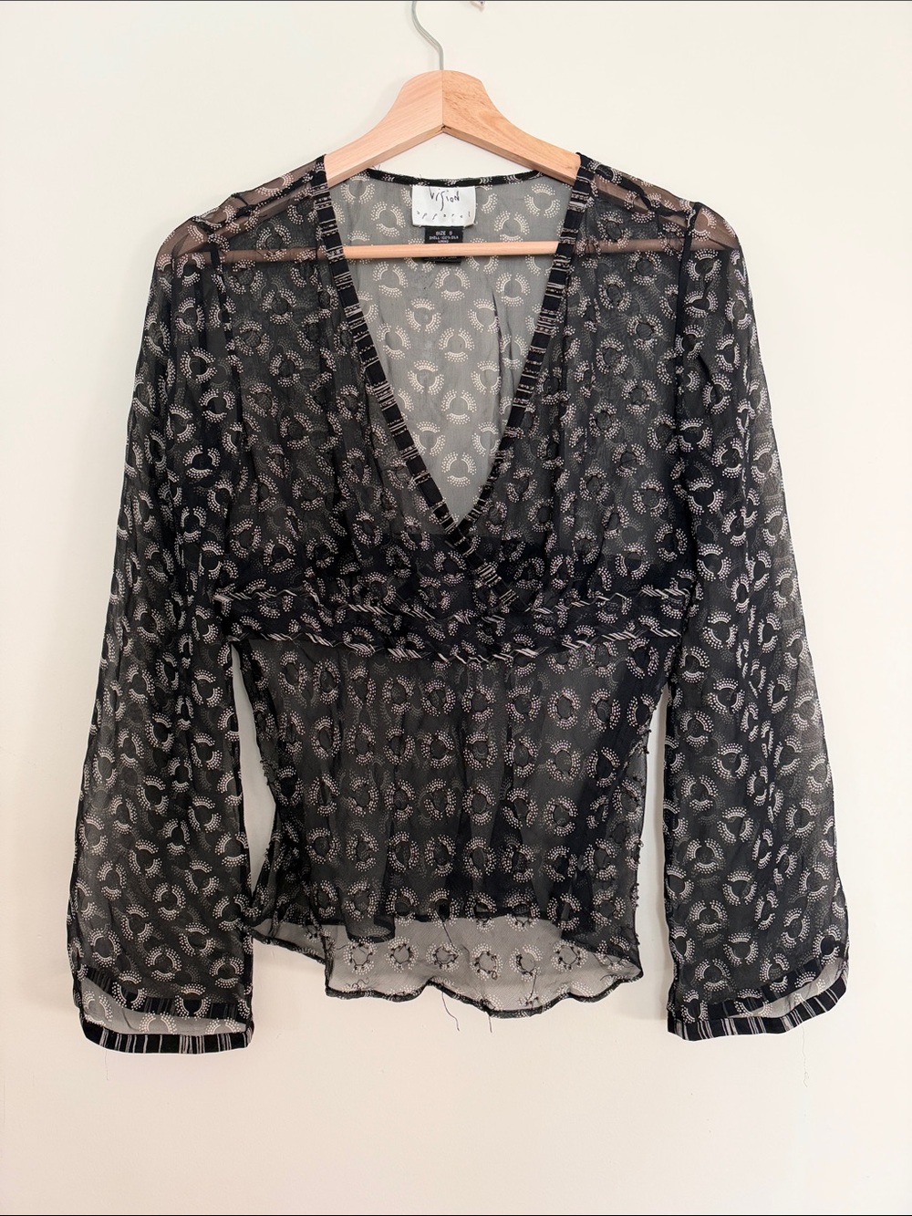 Vintage Vision Apparel Black Sheer Printed V-Neck Blouse with Beads 100% SILK